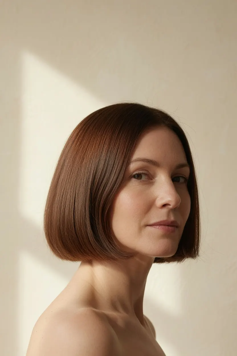 Žena s kestenjastom bob frizurom do brade, urednički portret
