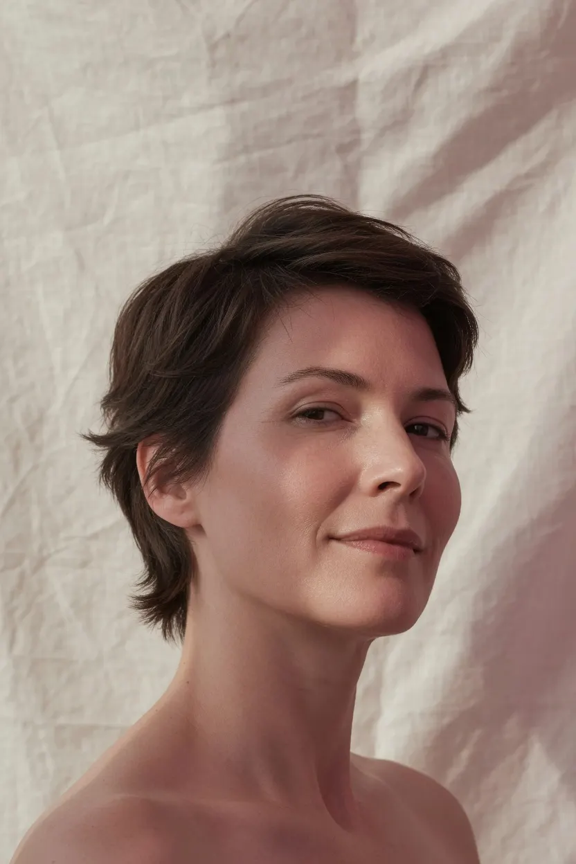 Žena s kratkom teksturiranom smeđom frizurom, miran urednički portret