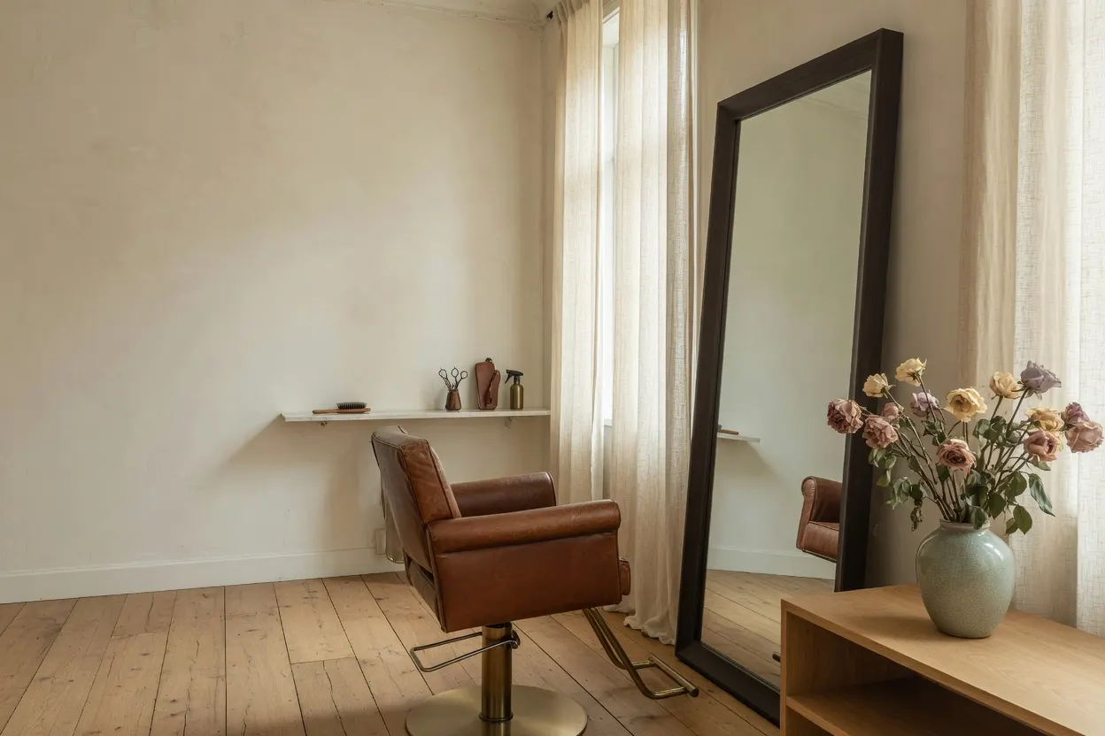 Svijetli salon s kožnom stolicom, visokim ogledalom i suhim ružama